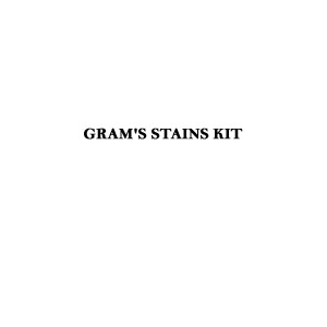 GRAM'S STAINS KIT Gram Stain Kits and Reagents are used to stain microorganisms from cultures or specimens by the differential Gram method. Contains: Crystal Violet staining solution (03051) -125 mL, Acetone-Alcohol 50% decolorizer solution (00532)-125 mL, Gram's Iodine Staining solution (03991)-125 mL, Safranine 0.5% W/V Solution -Counterstain (5627A )-125 mL